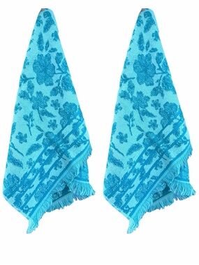 2 The Pioneer Woman Hand Towels Evie Teal Print Turquoise Floral Fringe Bathroom